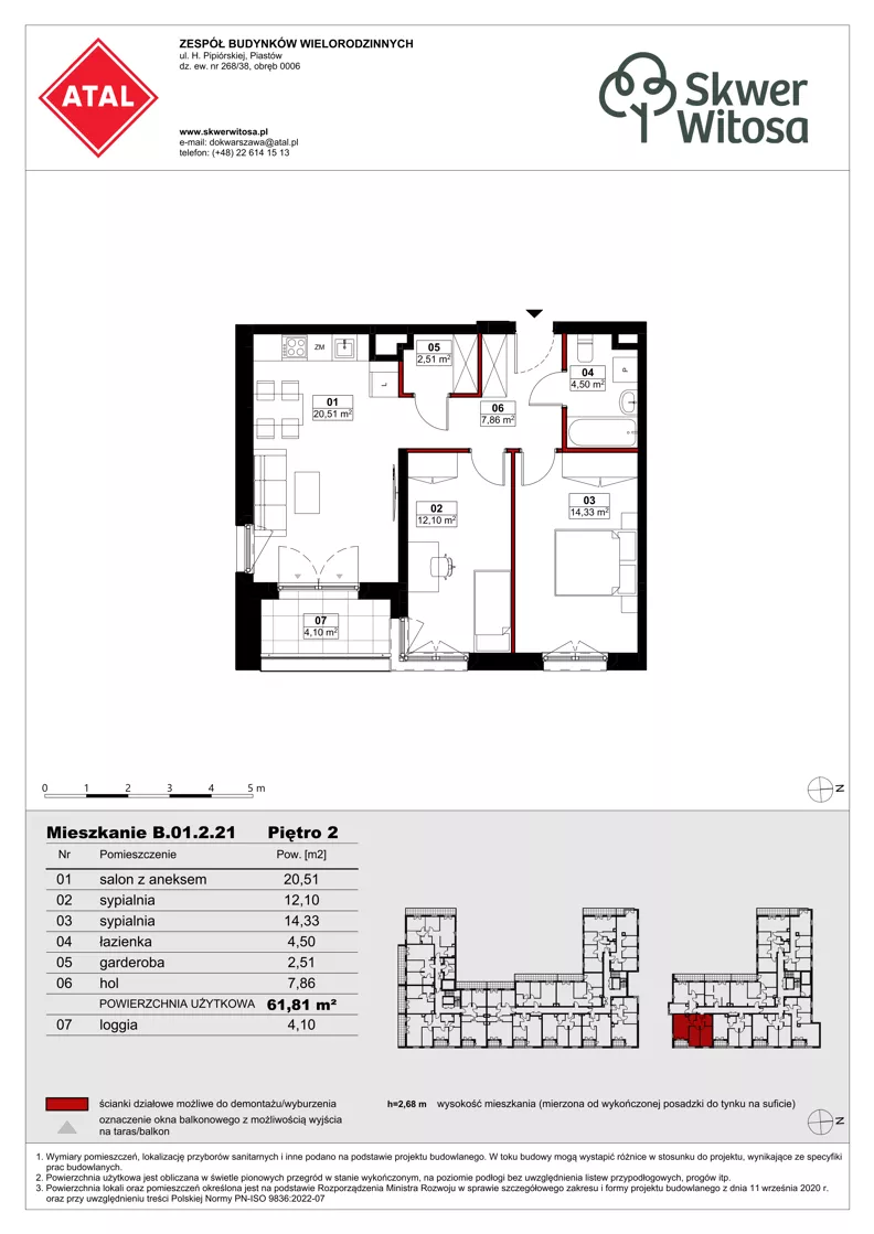 3 pokoje, mieszkanie 61,81 m², piętro 2, oferta nr B01.2.21, Skwer Witosa, Piastów, ul. Bodycha/Witosa