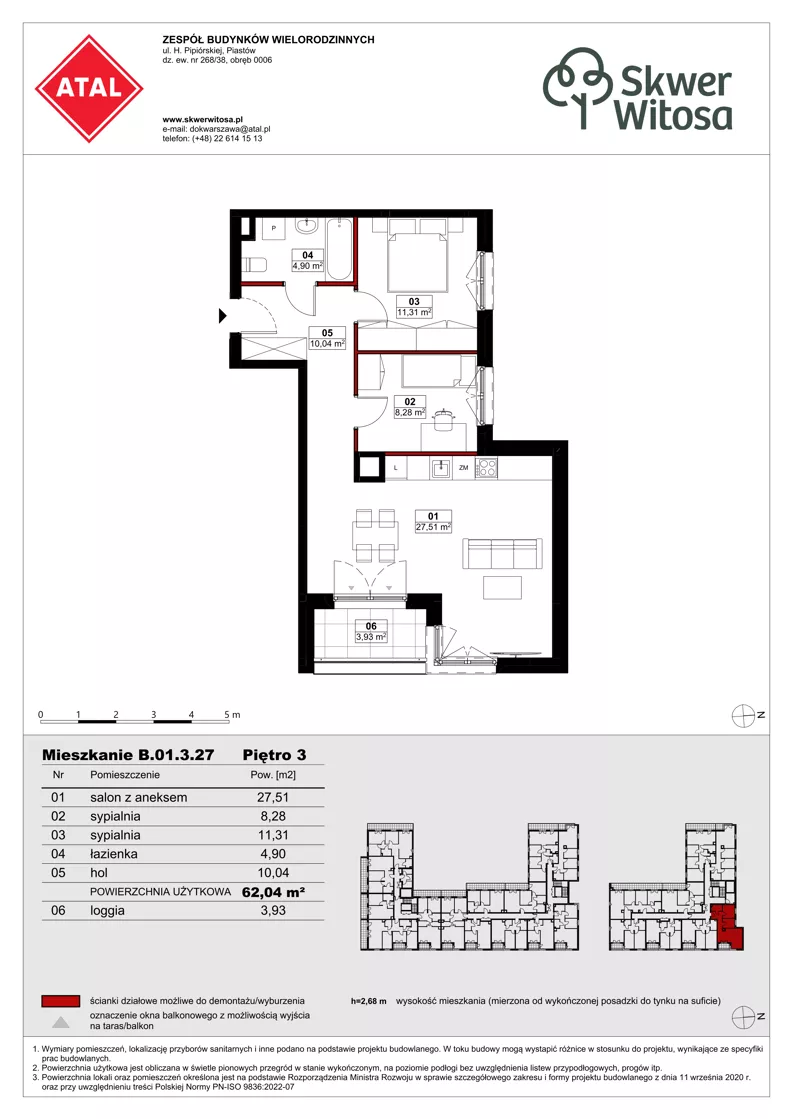 3 pokoje, mieszkanie 62,04 m², piętro 3, oferta nr B01.3.27, Skwer Witosa, Piastów, ul. Bodycha/Witosa