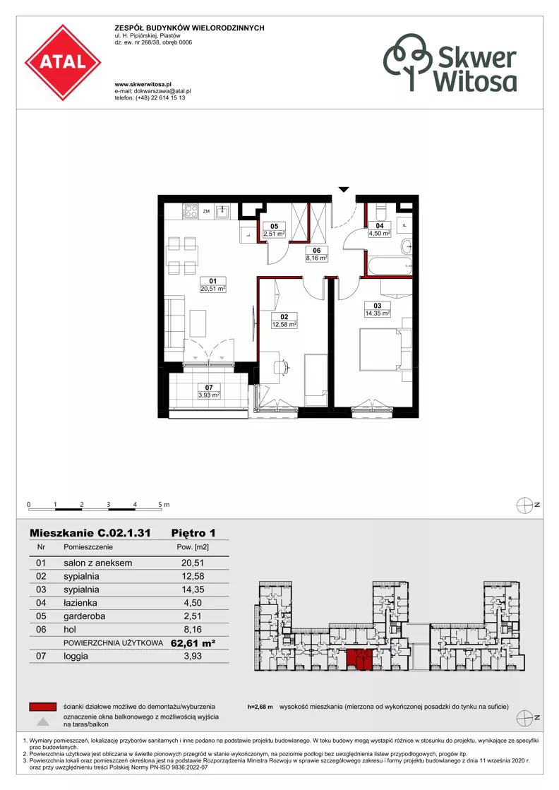 3 pokoje, mieszkanie 62,61 m², piętro 1, oferta nr C02.1.31, Skwer Witosa, Piastów, ul. Bodycha/Witosa