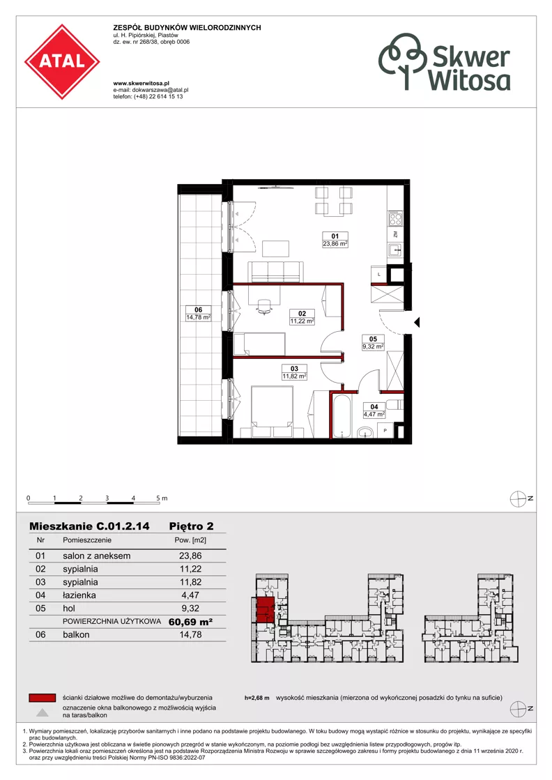 3 pokoje, mieszkanie 60,69 m², piętro 2, oferta nr C01.2.14, Skwer Witosa, Piastów, ul. Bodycha/Witosa