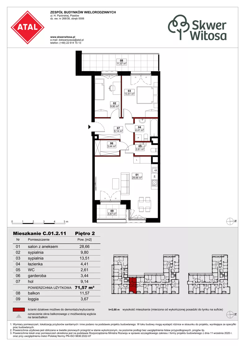 3 pokoje, mieszkanie 71,54 m², piętro 2, oferta nr C01.2.11, Skwer Witosa, Piastów, ul. Bodycha/Witosa