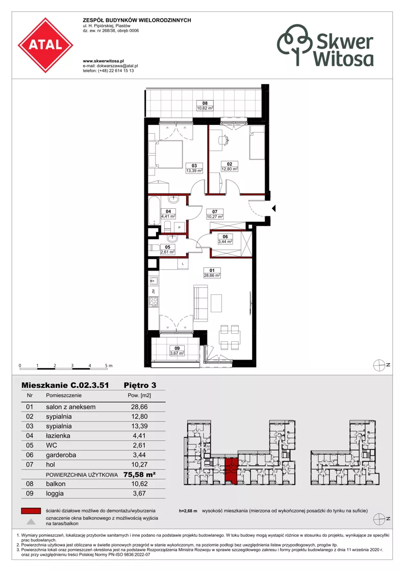 3 pokoje, mieszkanie 75,54 m², piętro 3, oferta nr C02.3.51, Skwer Witosa, Piastów, ul. Bodycha/Witosa