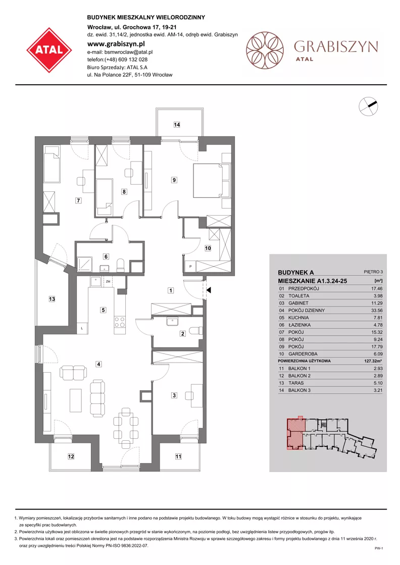 3 pokoje, mieszkanie 127,32 m², piętro 3, oferta nr A1.3.24-25, ATAL Grabiszyn, Wrocław, Gajowice, Fabryczna, ul. Grochowa