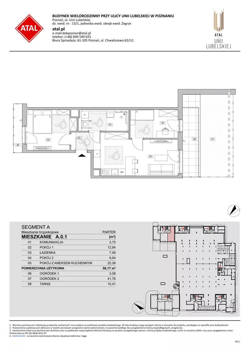 3 pokoje, mieszkanie 56,17 m², parter, oferta nr A.0.1, ATAL Unii Lubelskiej, Poznań, Rataje, Starołęka, ul. Heleny Tadeuszak