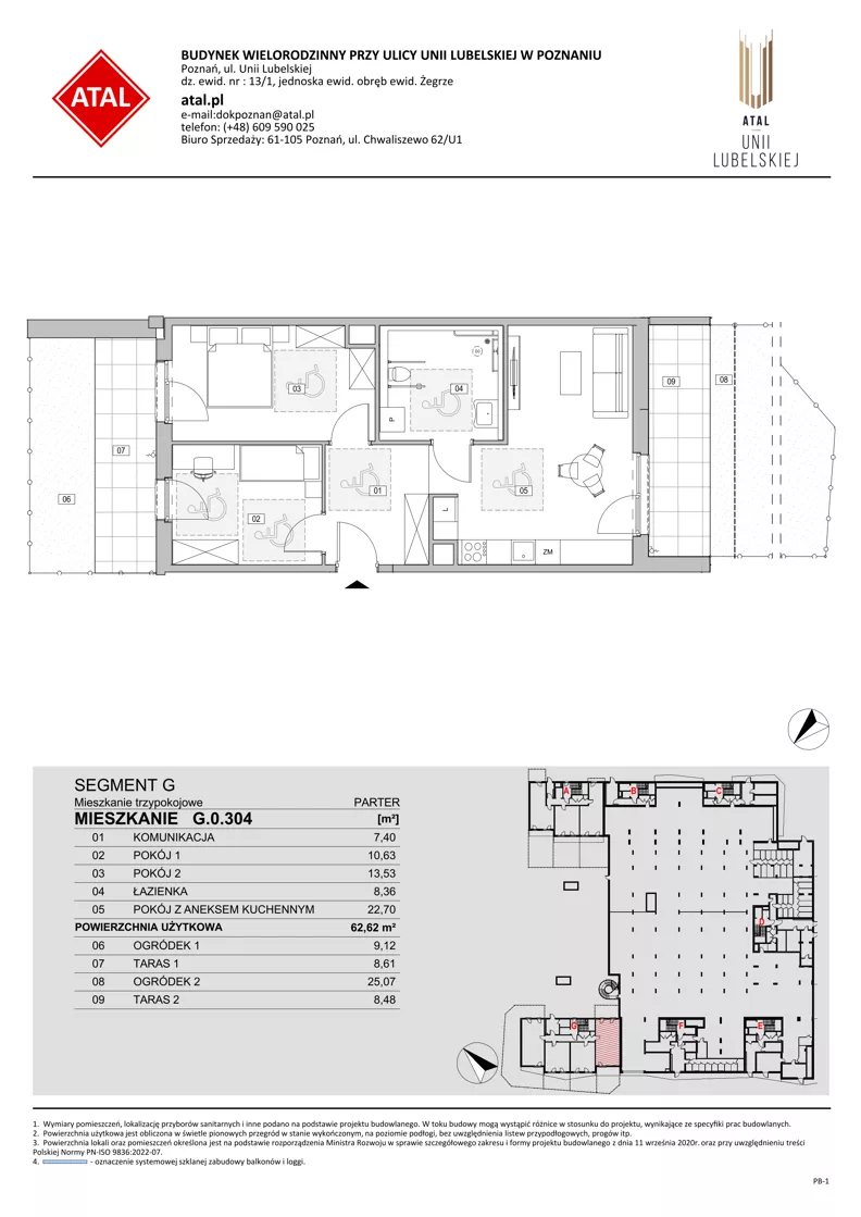 3 pokoje, mieszkanie 62,62 m², parter, oferta nr G.0.304, ATAL Unii Lubelskiej, Poznań, Rataje, Starołęka, ul. Heleny Tadeuszak