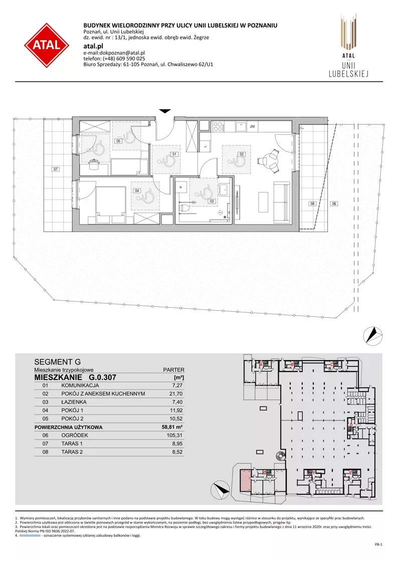 3 pokoje, mieszkanie 58,81 m², parter, oferta nr G.0.307, ATAL Unii Lubelskiej, Poznań, Rataje, Starołęka, ul. Heleny Tadeuszak