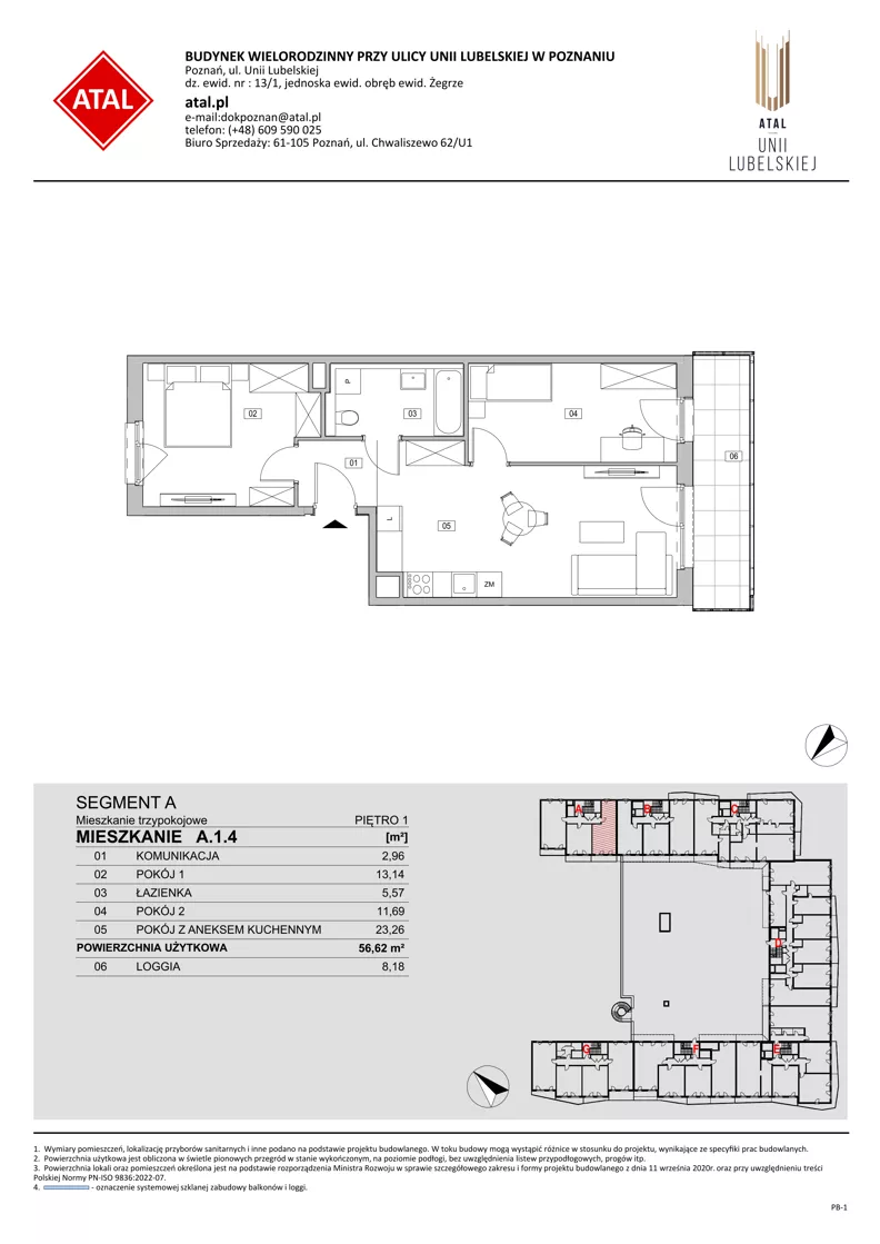 3 pokoje, mieszkanie 56,62 m², piętro 1, oferta nr A.1.4, ATAL Unii Lubelskiej, Poznań, Rataje, Starołęka, ul. Heleny Tadeuszak