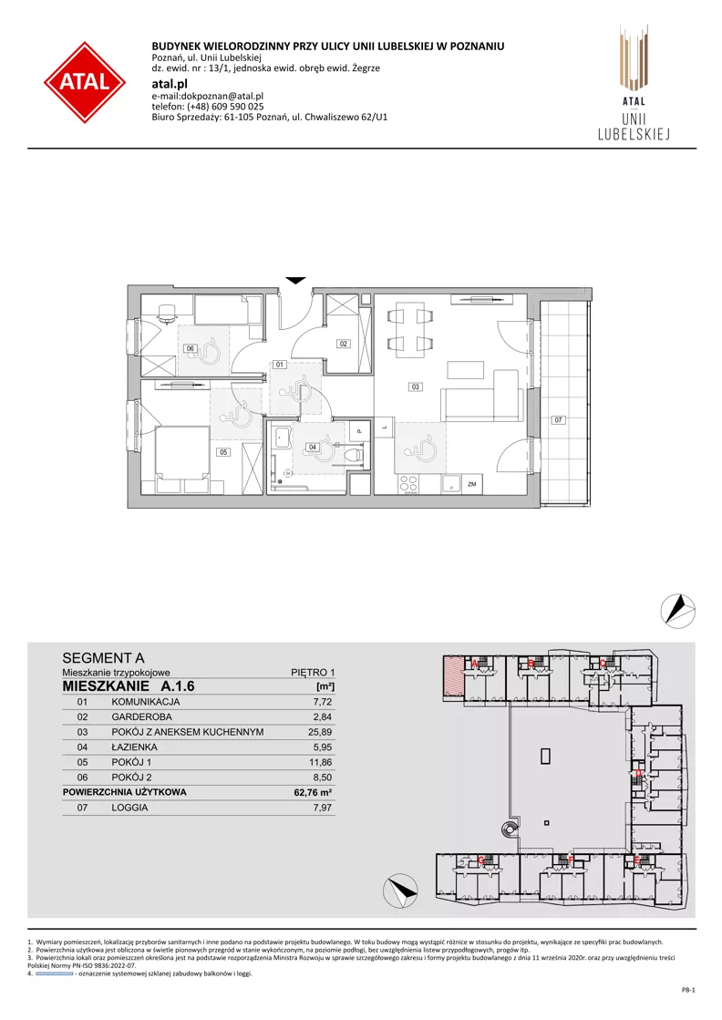 3 pokoje, mieszkanie 62,76 m², piętro 1, oferta nr A.1.6, ATAL Unii Lubelskiej, Poznań, Rataje, Starołęka, ul. Heleny Tadeuszak