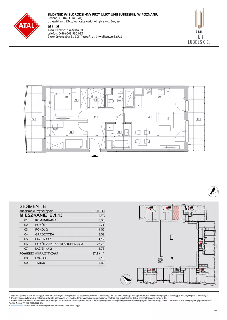 3 pokoje, mieszkanie 67,43 m², piętro 1, oferta nr B.1.13, ATAL Unii Lubelskiej, Poznań, Rataje, Starołęka, ul. Heleny Tadeuszak