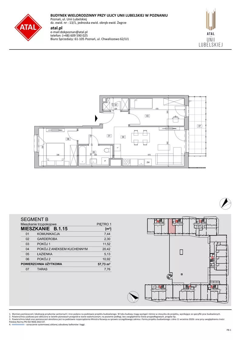 3 pokoje, mieszkanie 57,73 m², piętro 1, oferta nr B.1.15, ATAL Unii Lubelskiej, Poznań, Rataje, Starołęka, ul. Heleny Tadeuszak