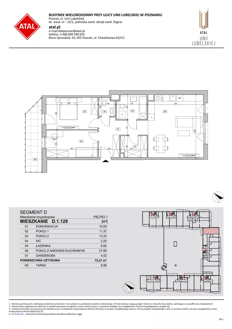 3 pokoje, mieszkanie 75,27 m², piętro 1, oferta nr D.1.129, ATAL Unii Lubelskiej, Poznań, Rataje, Starołęka, ul. Heleny Tadeuszak