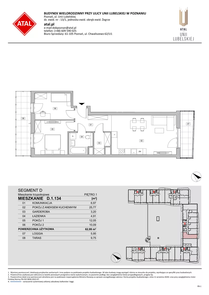 3 pokoje, mieszkanie 62,99 m², piętro 1, oferta nr D.1.134, ATAL Unii Lubelskiej, Poznań, Rataje, Starołęka, ul. Heleny Tadeuszak