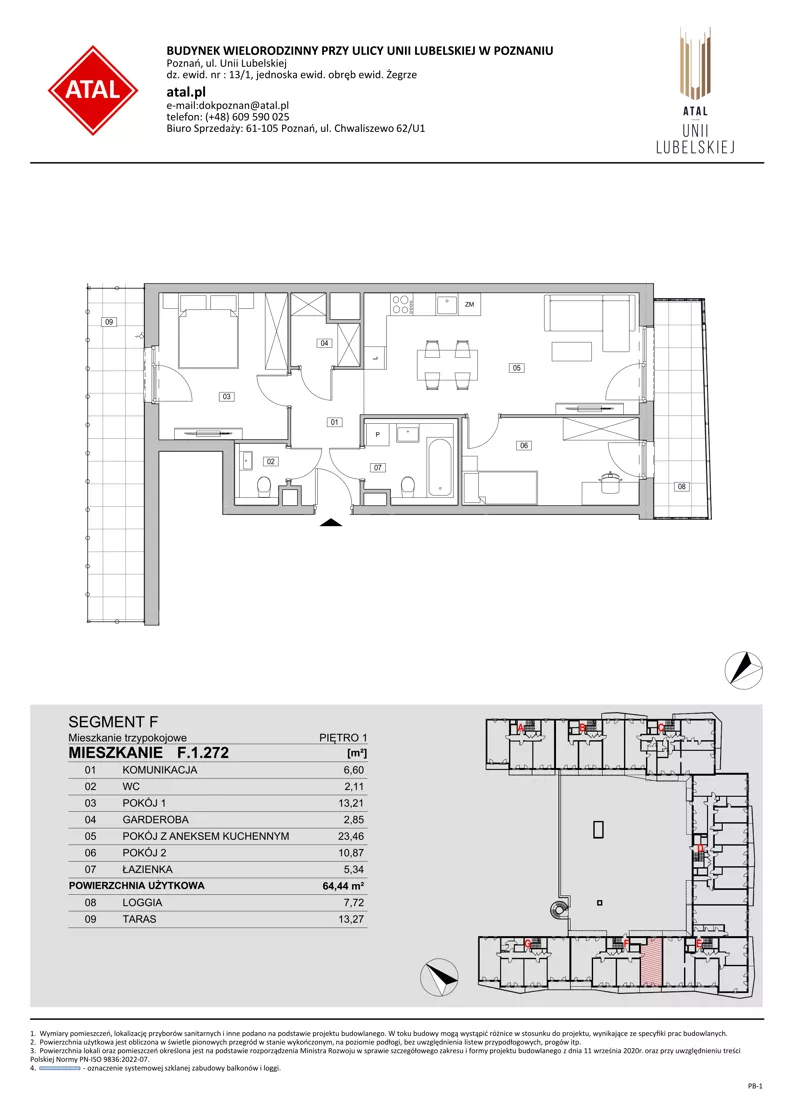 3 pokoje, mieszkanie 64,44 m², piętro 1, oferta nr F.1.272, ATAL Unii Lubelskiej, Poznań, Rataje, Starołęka, ul. Heleny Tadeuszak