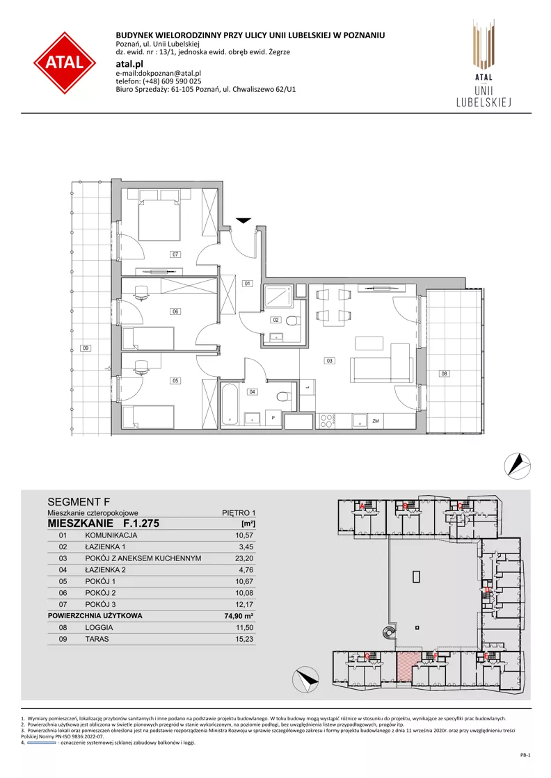 3 pokoje, mieszkanie 74,90 m², piętro 1, oferta nr F.1.275, ATAL Unii Lubelskiej, Poznań, Rataje, Starołęka, ul. Heleny Tadeuszak