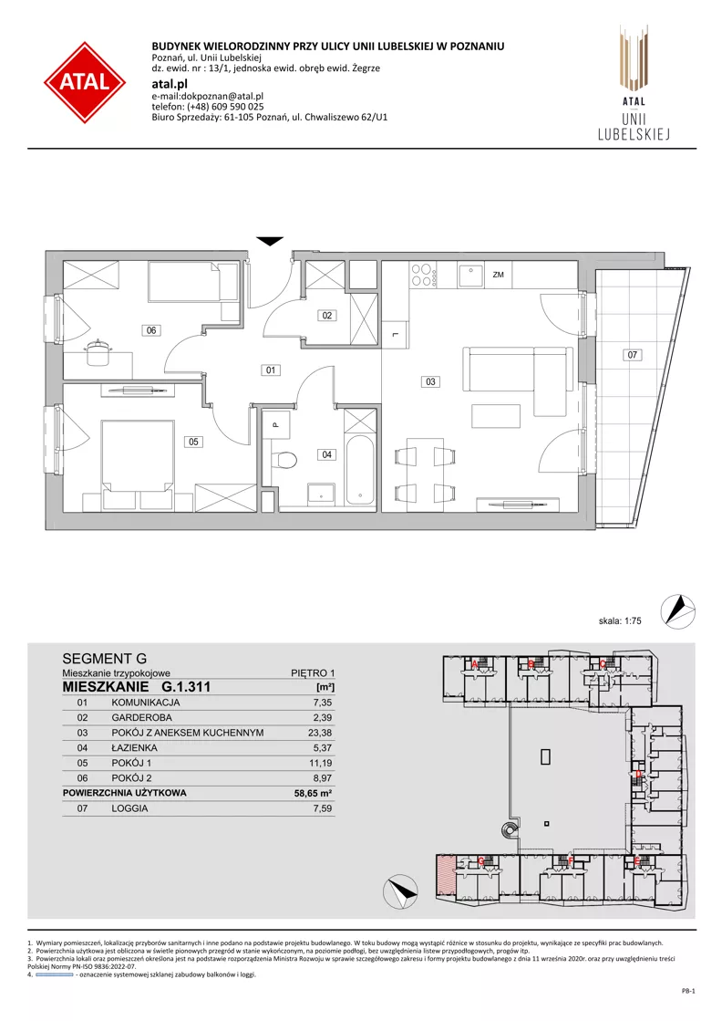 3 pokoje, mieszkanie 58,65 m², piętro 1, oferta nr G.1.311, ATAL Unii Lubelskiej, Poznań, Rataje, Starołęka, ul. Heleny Tadeuszak