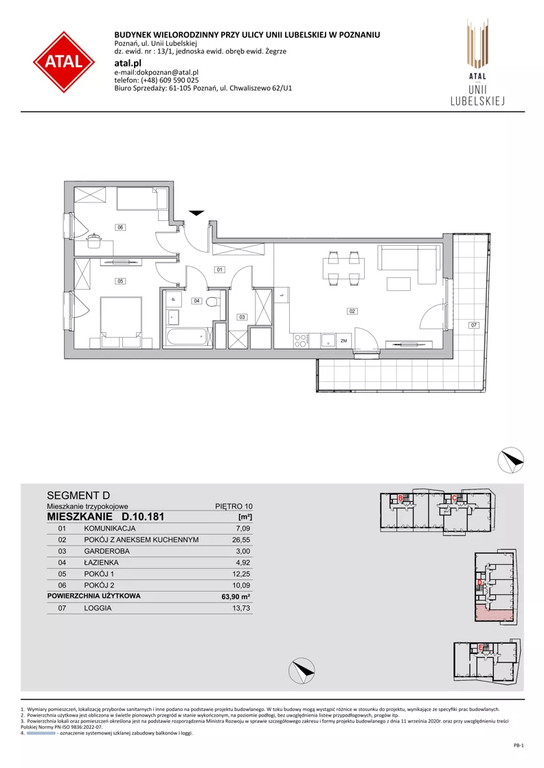 3 pokoje, mieszkanie 63,90 m², piętro 10, oferta nr D.10.181, ATAL Unii Lubelskiej, Poznań, Rataje, Starołęka, ul. Heleny Tadeuszak