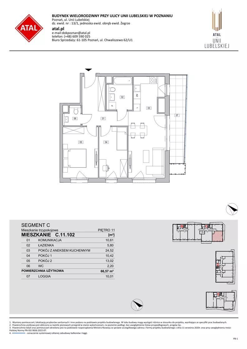 3 pokoje, mieszkanie 66,57 m², piętro 11, oferta nr C.11.102, ATAL Unii Lubelskiej, Poznań, Rataje, Starołęka, ul. Heleny Tadeuszak