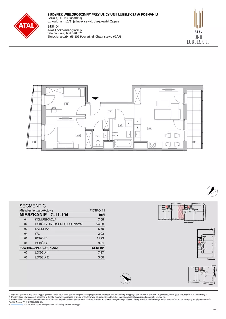 3 pokoje, mieszkanie 61,51 m², piętro 11, oferta nr C.11.104, ATAL Unii Lubelskiej, Poznań, Rataje, Starołęka, ul. Heleny Tadeuszak