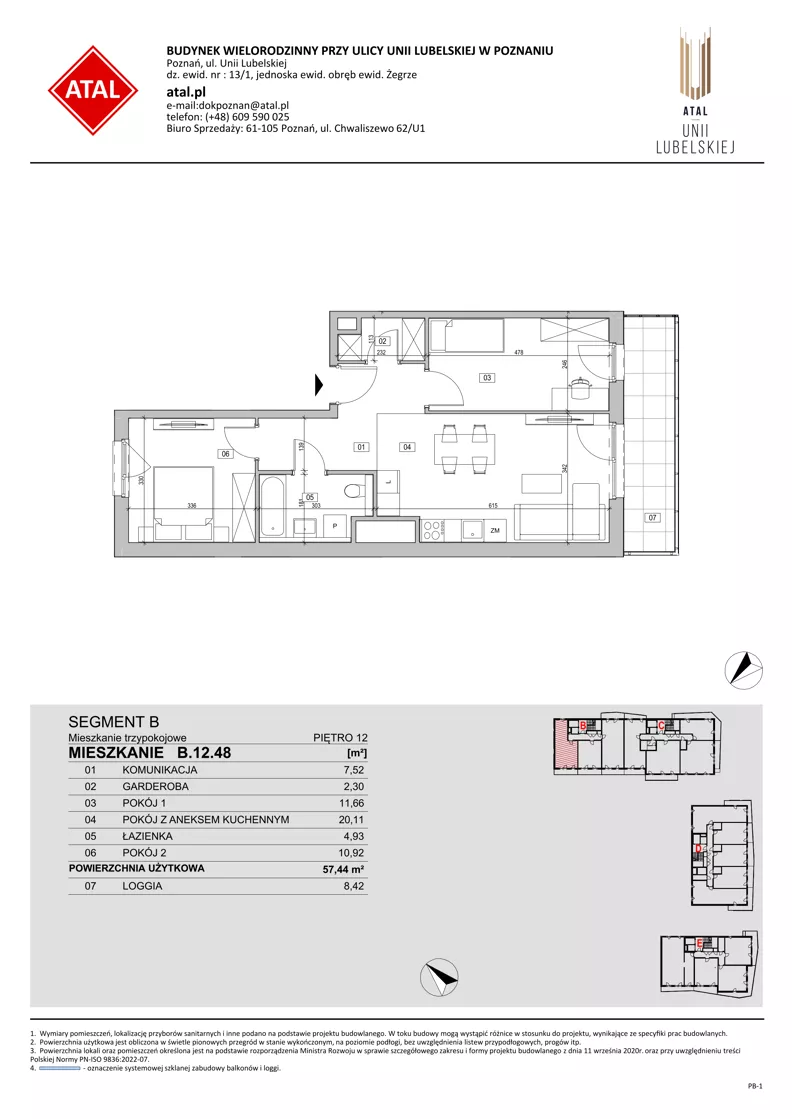 3 pokoje, mieszkanie 57,44 m², piętro 12, oferta nr B.12.48, ATAL Unii Lubelskiej, Poznań, Rataje, Starołęka, ul. Heleny Tadeuszak