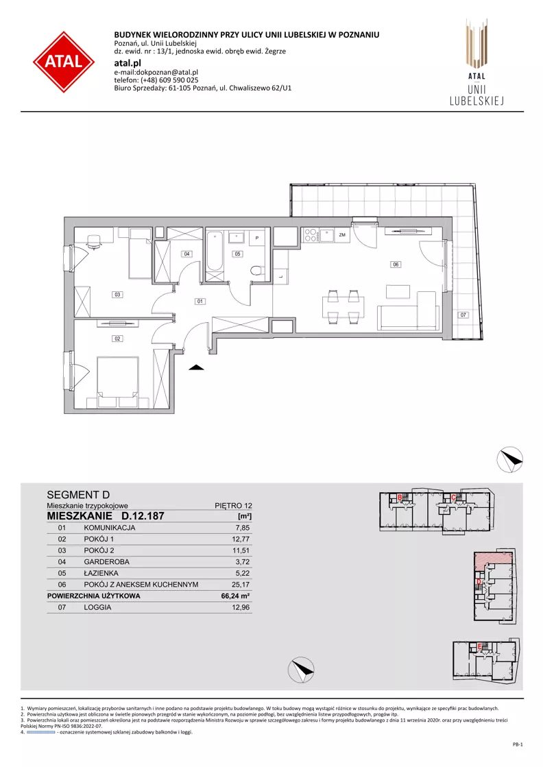 3 pokoje, mieszkanie 66,24 m², piętro 12, oferta nr D.12.187, ATAL Unii Lubelskiej, Poznań, Rataje, Starołęka, ul. Heleny Tadeuszak