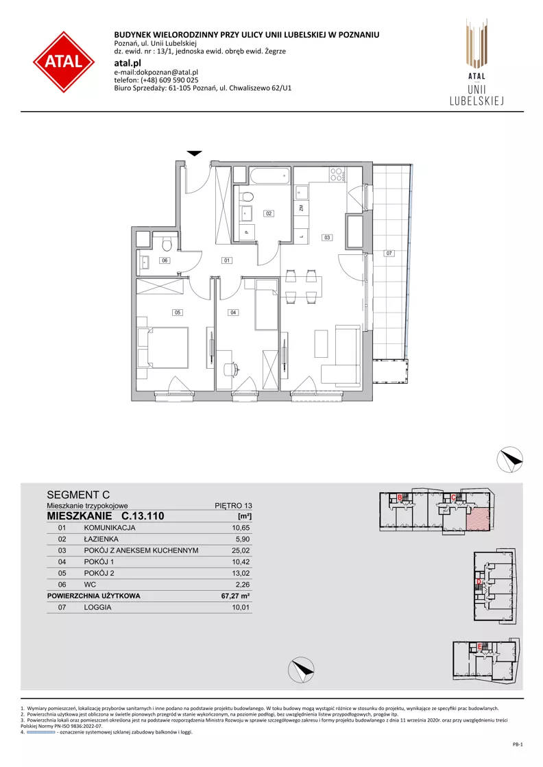 3 pokoje, mieszkanie 67,27 m², piętro 13, oferta nr C.13.110, ATAL Unii Lubelskiej, Poznań, Rataje, Starołęka, ul. Heleny Tadeuszak