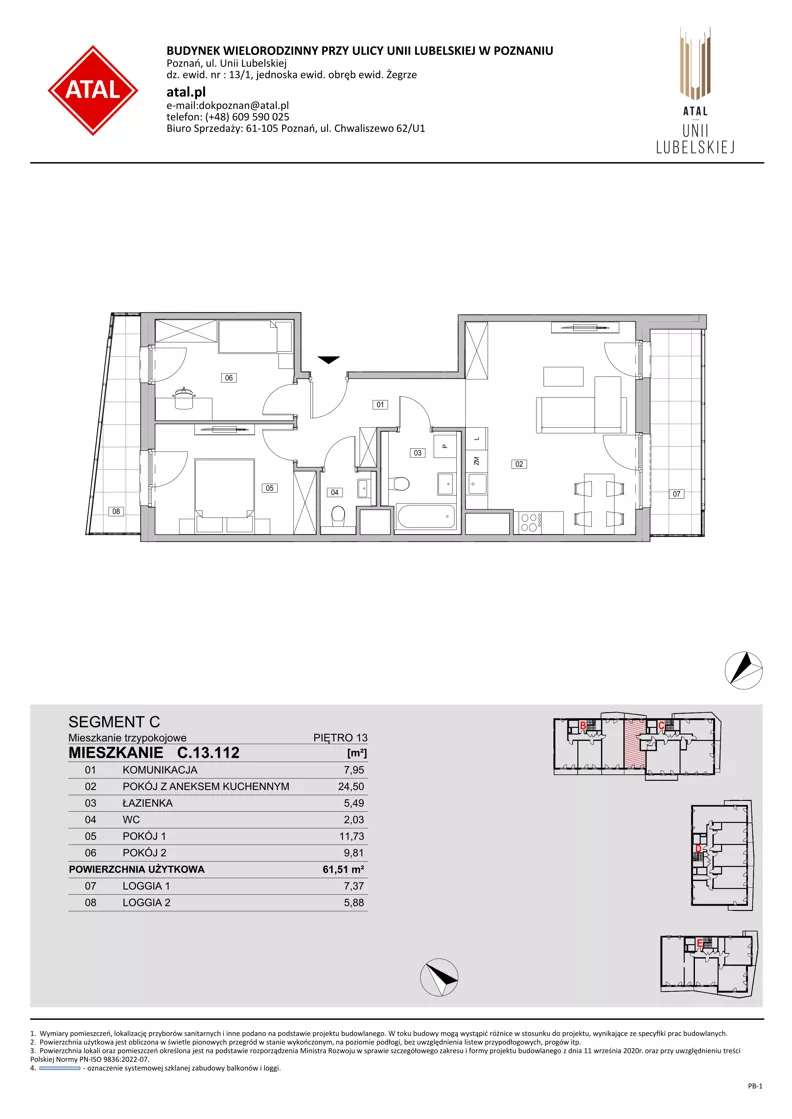 3 pokoje, mieszkanie 61,51 m², piętro 13, oferta nr C.13.112, ATAL Unii Lubelskiej, Poznań, Rataje, Starołęka, ul. Heleny Tadeuszak