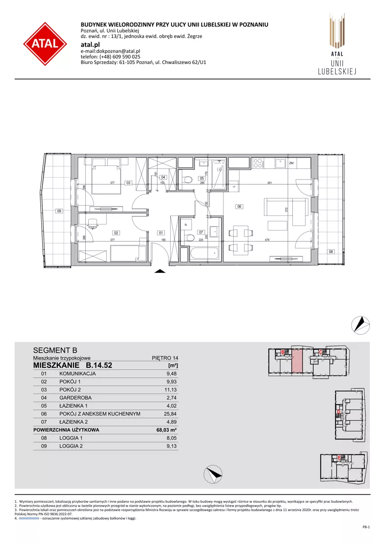 3 pokoje, mieszkanie 68,03 m², piętro 14, oferta nr B.14.52, ATAL Unii Lubelskiej, Poznań, Rataje, Starołęka, ul. Heleny Tadeuszak