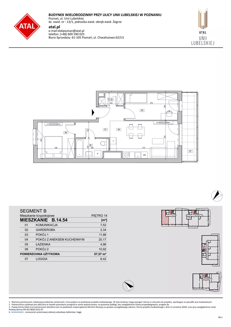 3 pokoje, mieszkanie 57,57 m², piętro 14, oferta nr B.14.54, ATAL Unii Lubelskiej, Poznań, Rataje, Starołęka, ul. Heleny Tadeuszak