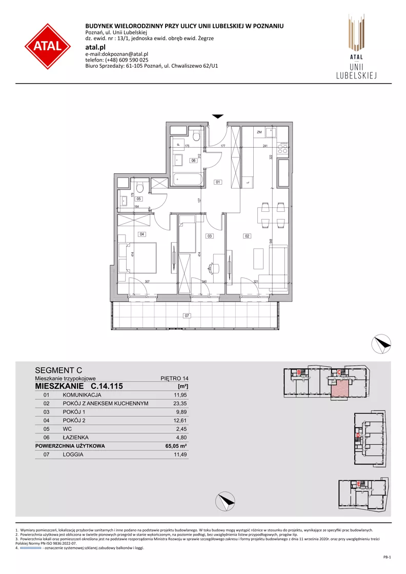 3 pokoje, mieszkanie 65,05 m², piętro 14, oferta nr C.14.115, ATAL Unii Lubelskiej, Poznań, Rataje, Starołęka, ul. Heleny Tadeuszak