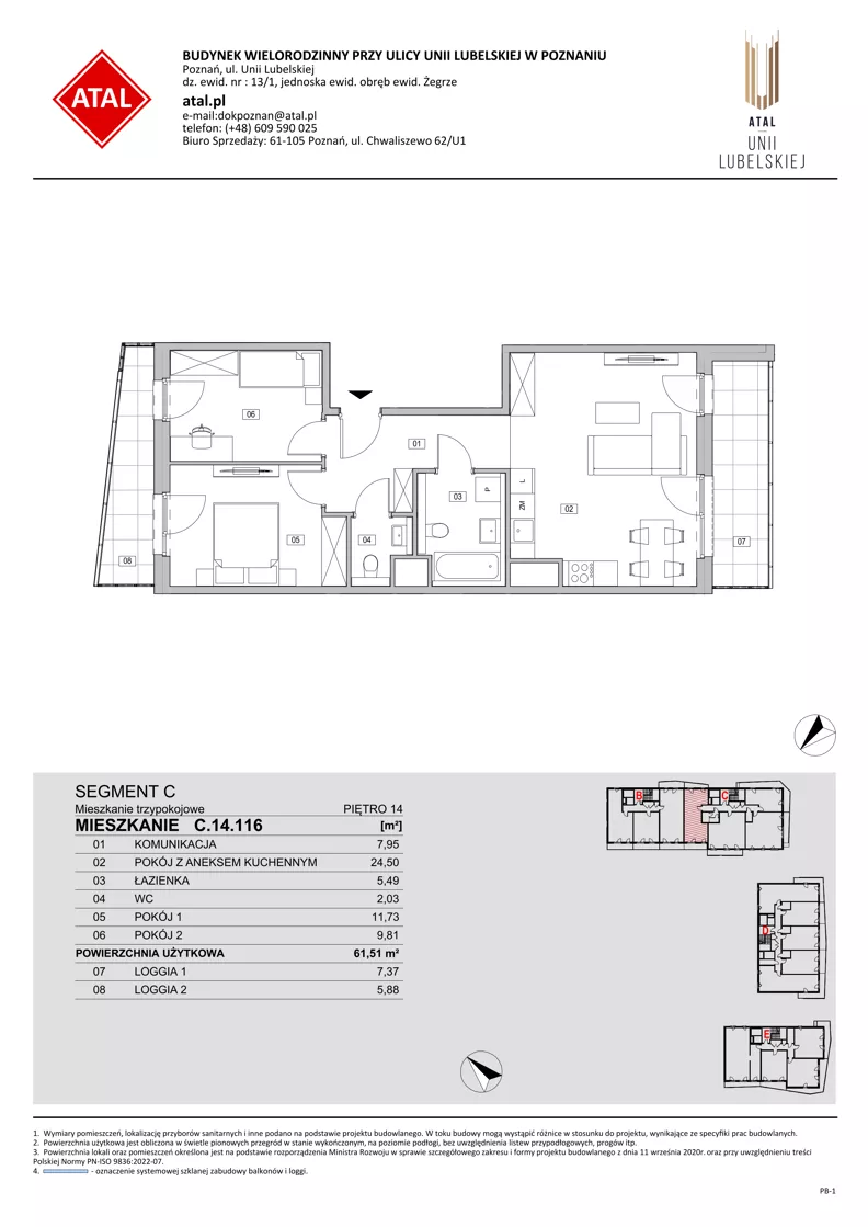 3 pokoje, mieszkanie 61,51 m², piętro 14, oferta nr C.14.116, ATAL Unii Lubelskiej, Poznań, Rataje, Starołęka, ul. Heleny Tadeuszak