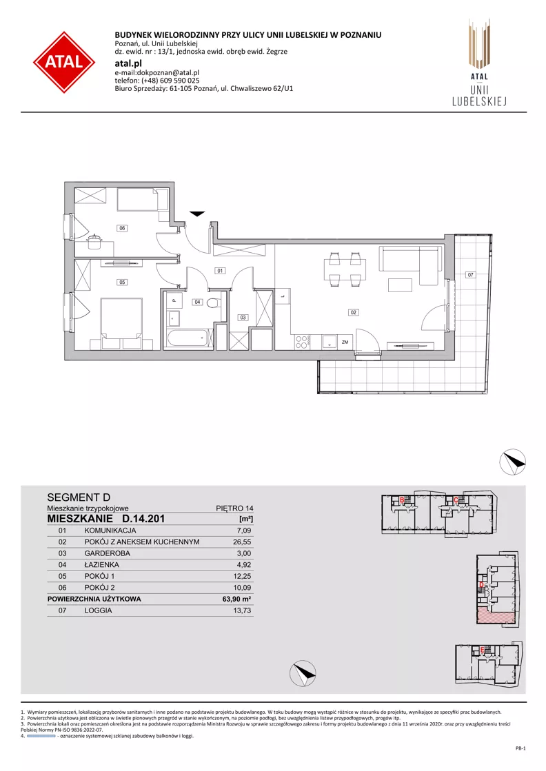 3 pokoje, mieszkanie 63,90 m², piętro 14, oferta nr D.14.201, ATAL Unii Lubelskiej, Poznań, Rataje, Starołęka, ul. Heleny Tadeuszak