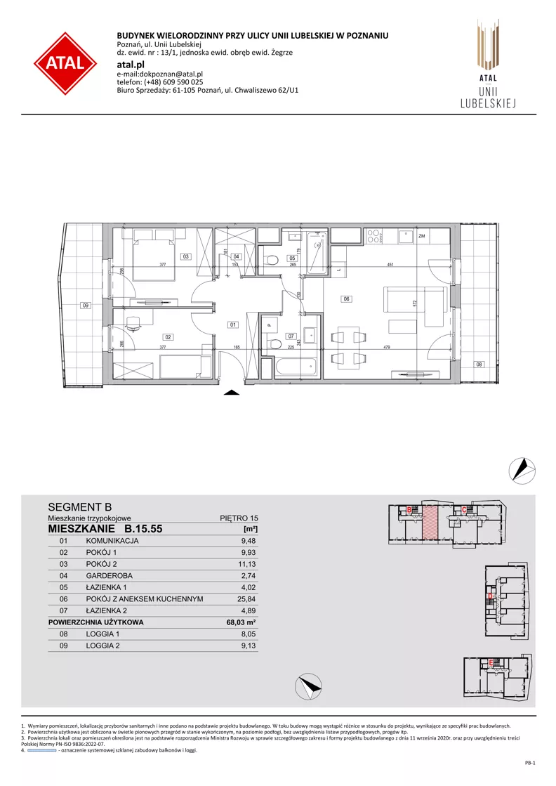 3 pokoje, mieszkanie 68,03 m², piętro 15, oferta nr B.15.55, ATAL Unii Lubelskiej, Poznań, Rataje, Starołęka, ul. Heleny Tadeuszak