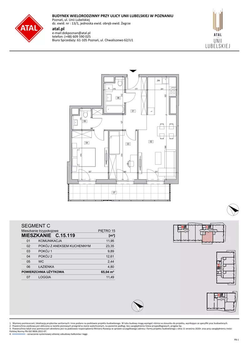 3 pokoje, mieszkanie 65,04 m², piętro 15, oferta nr C.15.119, ATAL Unii Lubelskiej, Poznań, Rataje, Starołęka, ul. Heleny Tadeuszak