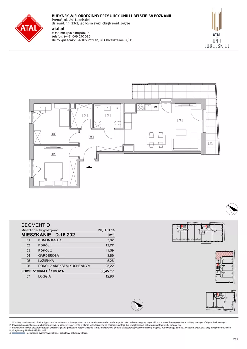 3 pokoje, mieszkanie 66,45 m², piętro 15, oferta nr D.15.202, ATAL Unii Lubelskiej, Poznań, Rataje, Starołęka, ul. Heleny Tadeuszak