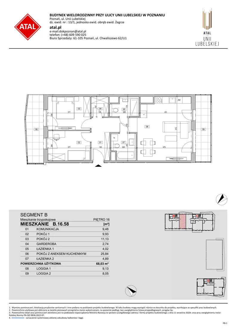 3 pokoje, mieszkanie 68,03 m², piętro 16, oferta nr B.16.58, ATAL Unii Lubelskiej, Poznań, Rataje, Starołęka, ul. Heleny Tadeuszak