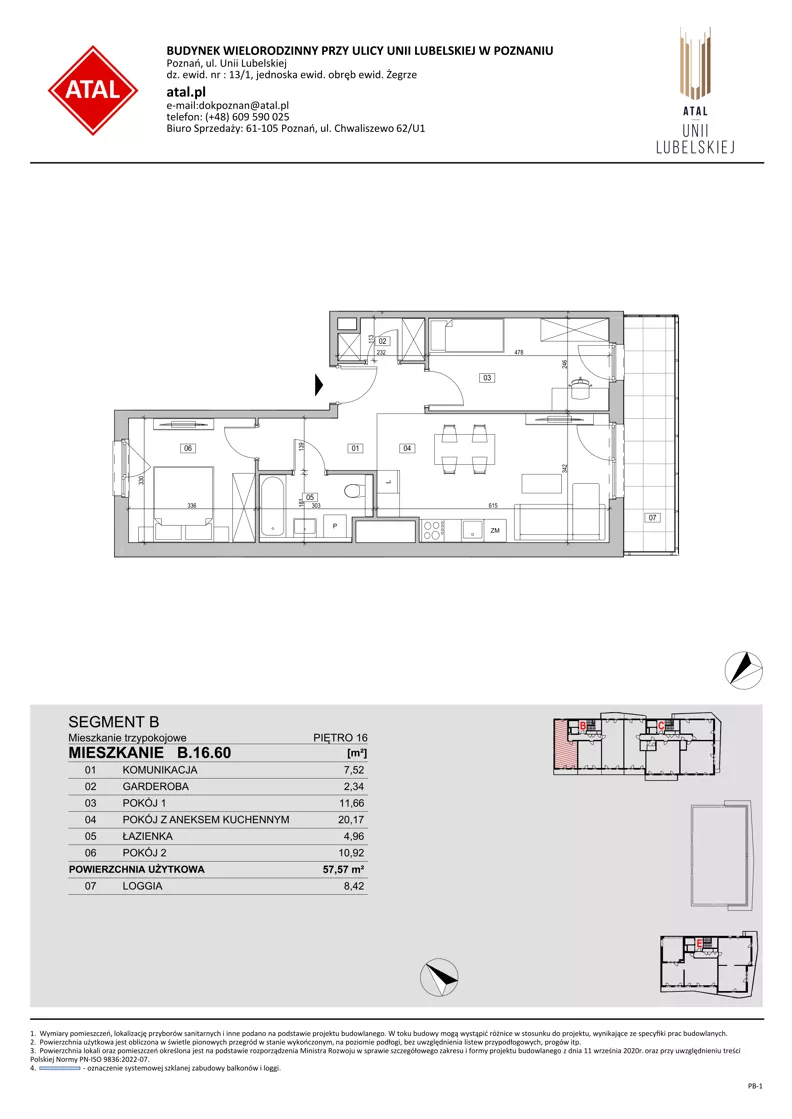 3 pokoje, mieszkanie 57,57 m², piętro 16, oferta nr B.16.60, ATAL Unii Lubelskiej, Poznań, Rataje, Starołęka, ul. Heleny Tadeuszak