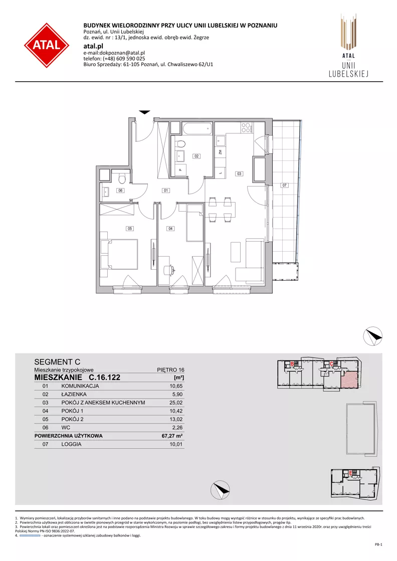 3 pokoje, mieszkanie 67,27 m², piętro 16, oferta nr C.16.122, ATAL Unii Lubelskiej, Poznań, Rataje, Starołęka, ul. Heleny Tadeuszak