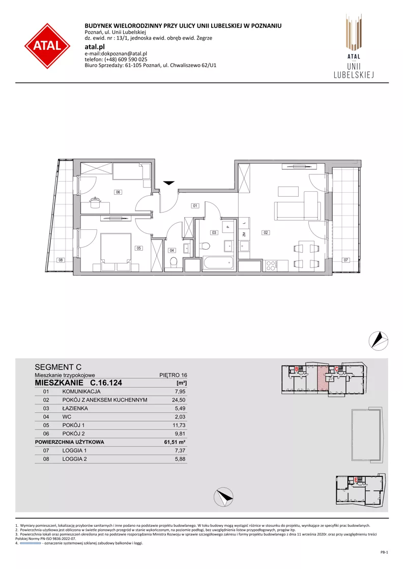 3 pokoje, mieszkanie 61,51 m², piętro 16, oferta nr C.16.124, ATAL Unii Lubelskiej, Poznań, Rataje, Starołęka, ul. Heleny Tadeuszak