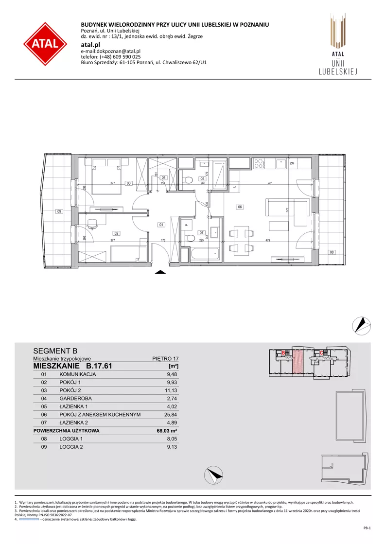 3 pokoje, mieszkanie 68,03 m², piętro 17, oferta nr B.17.61, ATAL Unii Lubelskiej, Poznań, Rataje, Starołęka, ul. Heleny Tadeuszak