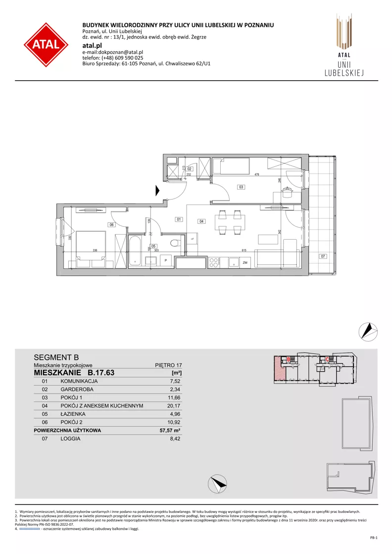 3 pokoje, mieszkanie 57,57 m², piętro 17, oferta nr B.17.63, ATAL Unii Lubelskiej, Poznań, Rataje, Starołęka, ul. Heleny Tadeuszak
