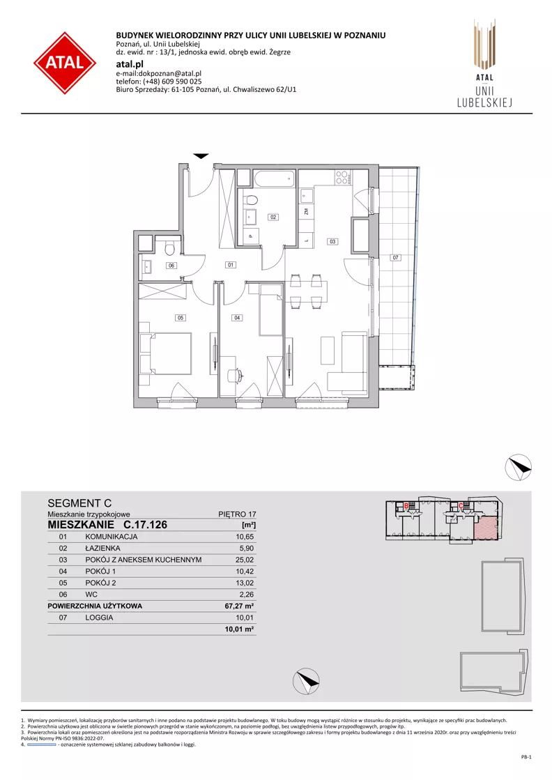3 pokoje, mieszkanie 67,27 m², piętro 17, oferta nr C.17.126, ATAL Unii Lubelskiej, Poznań, Rataje, Starołęka, ul. Heleny Tadeuszak