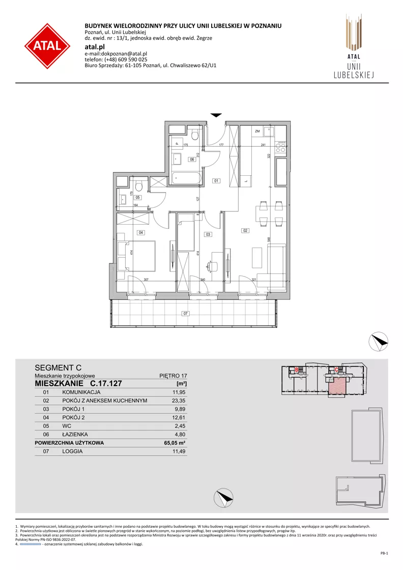 3 pokoje, mieszkanie 65,05 m², piętro 17, oferta nr C.17.127, ATAL Unii Lubelskiej, Poznań, Rataje, Starołęka, ul. Heleny Tadeuszak