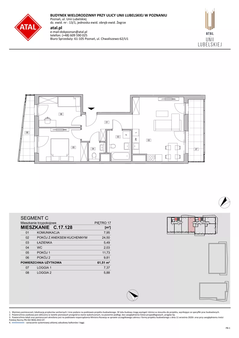 3 pokoje, mieszkanie 61,51 m², piętro 17, oferta nr C.17.128, ATAL Unii Lubelskiej, Poznań, Rataje, Starołęka, ul. Heleny Tadeuszak