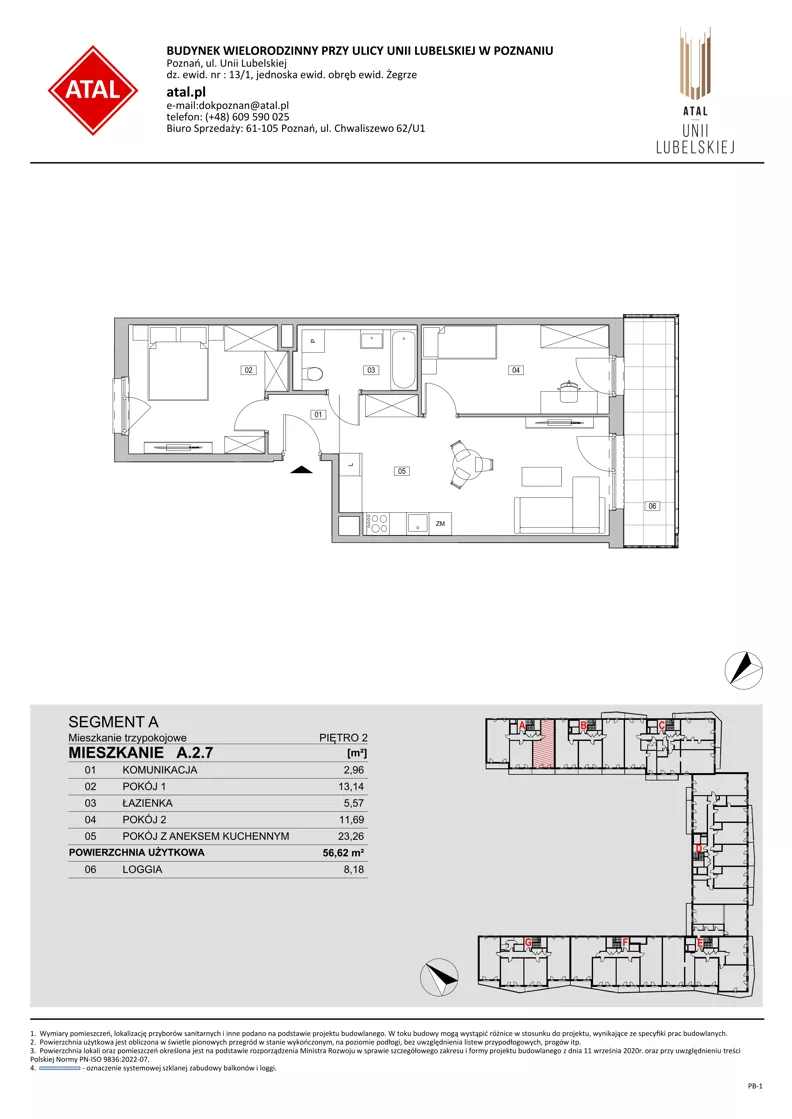 3 pokoje, mieszkanie 56,62 m², piętro 2, oferta nr A.2.7, ATAL Unii Lubelskiej, Poznań, Rataje, Starołęka, ul. Heleny Tadeuszak