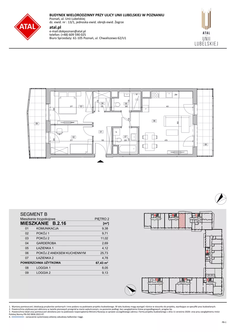 3 pokoje, mieszkanie 67,43 m², piętro 2, oferta nr B.2.16, ATAL Unii Lubelskiej, Poznań, Rataje, Starołęka, ul. Heleny Tadeuszak