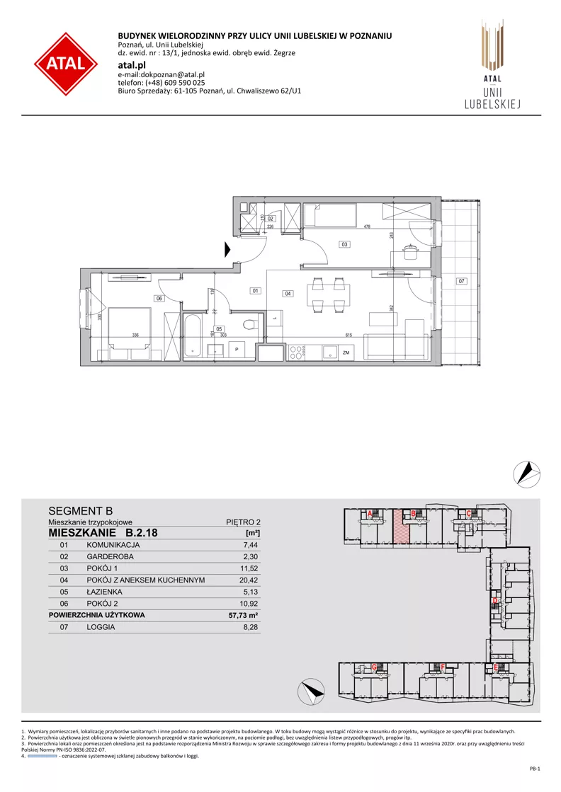 3 pokoje, mieszkanie 57,73 m², piętro 2, oferta nr B.2.18, ATAL Unii Lubelskiej, Poznań, Rataje, Starołęka, ul. Heleny Tadeuszak