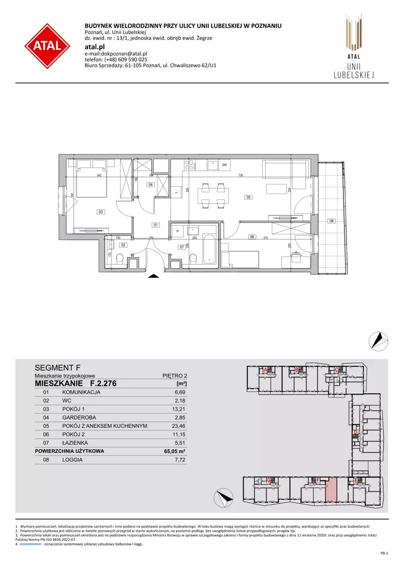 3 pokoje, mieszkanie 65,05 m², piętro 2, oferta nr F.2.276, ATAL Unii Lubelskiej, Poznań, Rataje, Starołęka, ul. Heleny Tadeuszak