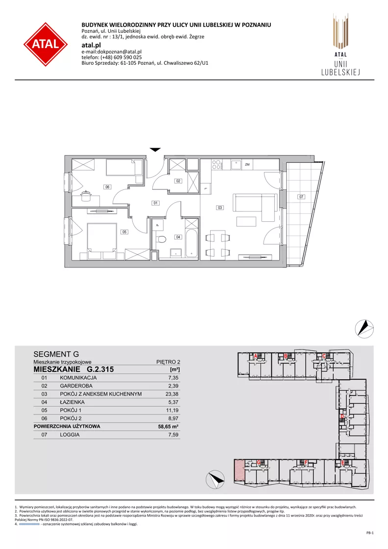 3 pokoje, mieszkanie 58,65 m², piętro 2, oferta nr G.2.315, ATAL Unii Lubelskiej, Poznań, Rataje, Starołęka, ul. Heleny Tadeuszak