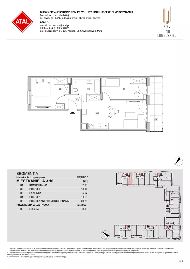 3 pokoje, mieszkanie 56,62 m², piętro 3, oferta nr A.3.10, ATAL Unii Lubelskiej, Poznań, Rataje, Starołęka, ul. Heleny Tadeuszak