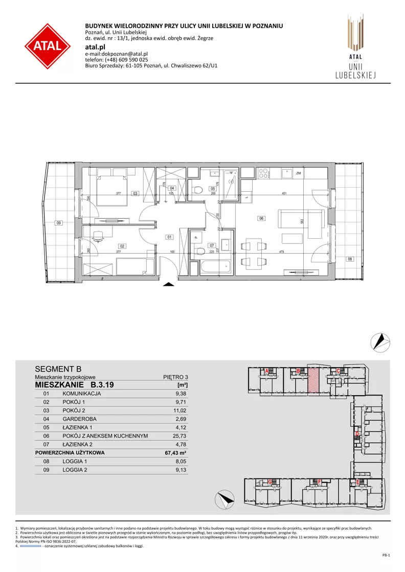 3 pokoje, mieszkanie 67,43 m², piętro 3, oferta nr B.3.19, ATAL Unii Lubelskiej, Poznań, Rataje, Starołęka, ul. Heleny Tadeuszak